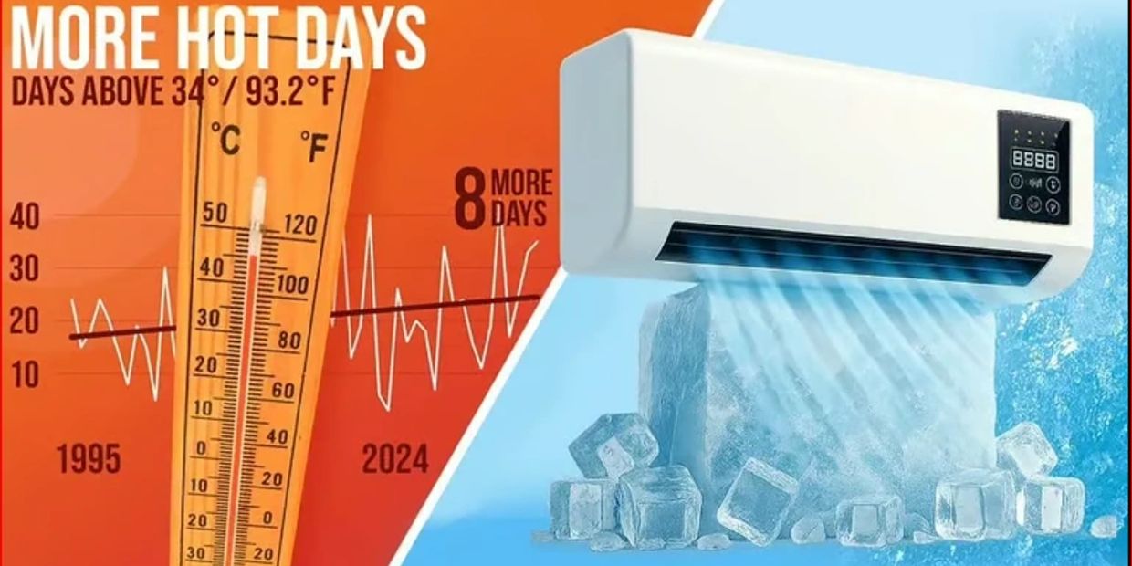 Thermometer shows rising hot days; air conditioner cools with ice cubes.