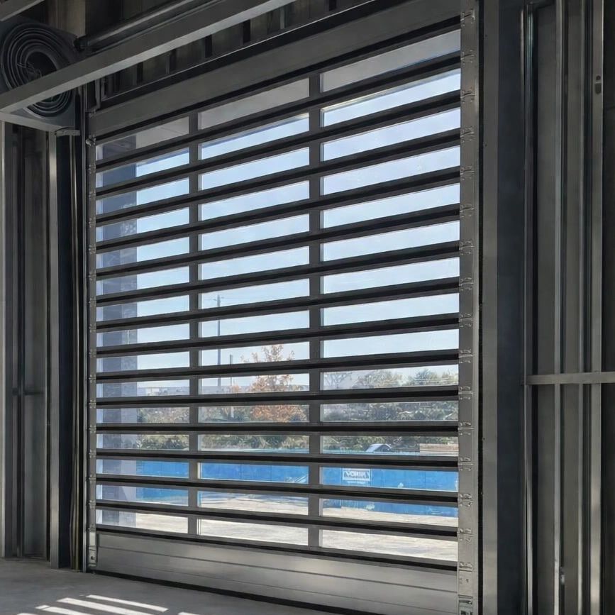 Industrial high-speed transparent rolling door.
