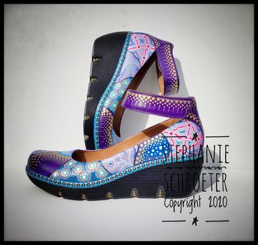 One-of-a-kind, hand-painted leather wedge. Brand: Clarks. Size 9.5.