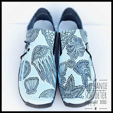 One-of-a-kind, hand-painted, upcycled leather loafers. Brand: Rieker. Size: 9