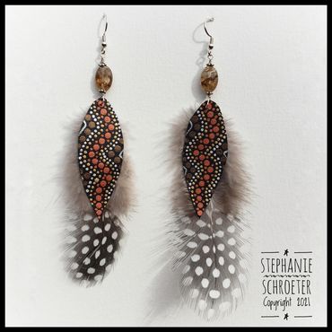 Painted leather and feather earrings. Sterling silver.