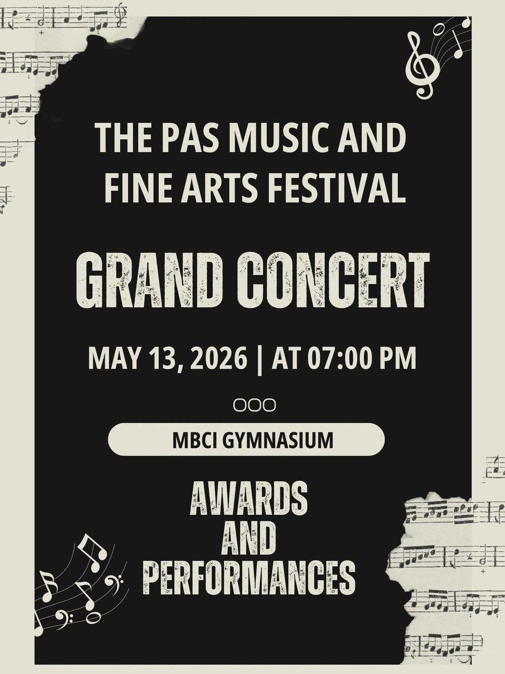 Poster for The Pas Music and Fine Arts Festival Grand Concert on May 13, 2026, at MBCI Gymnasium.