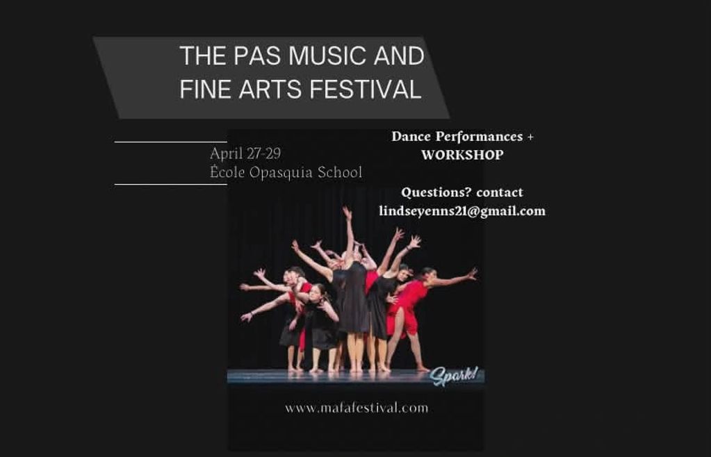 Poster for The Pas Music and Fine Arts Festival with dance performances and workshop.