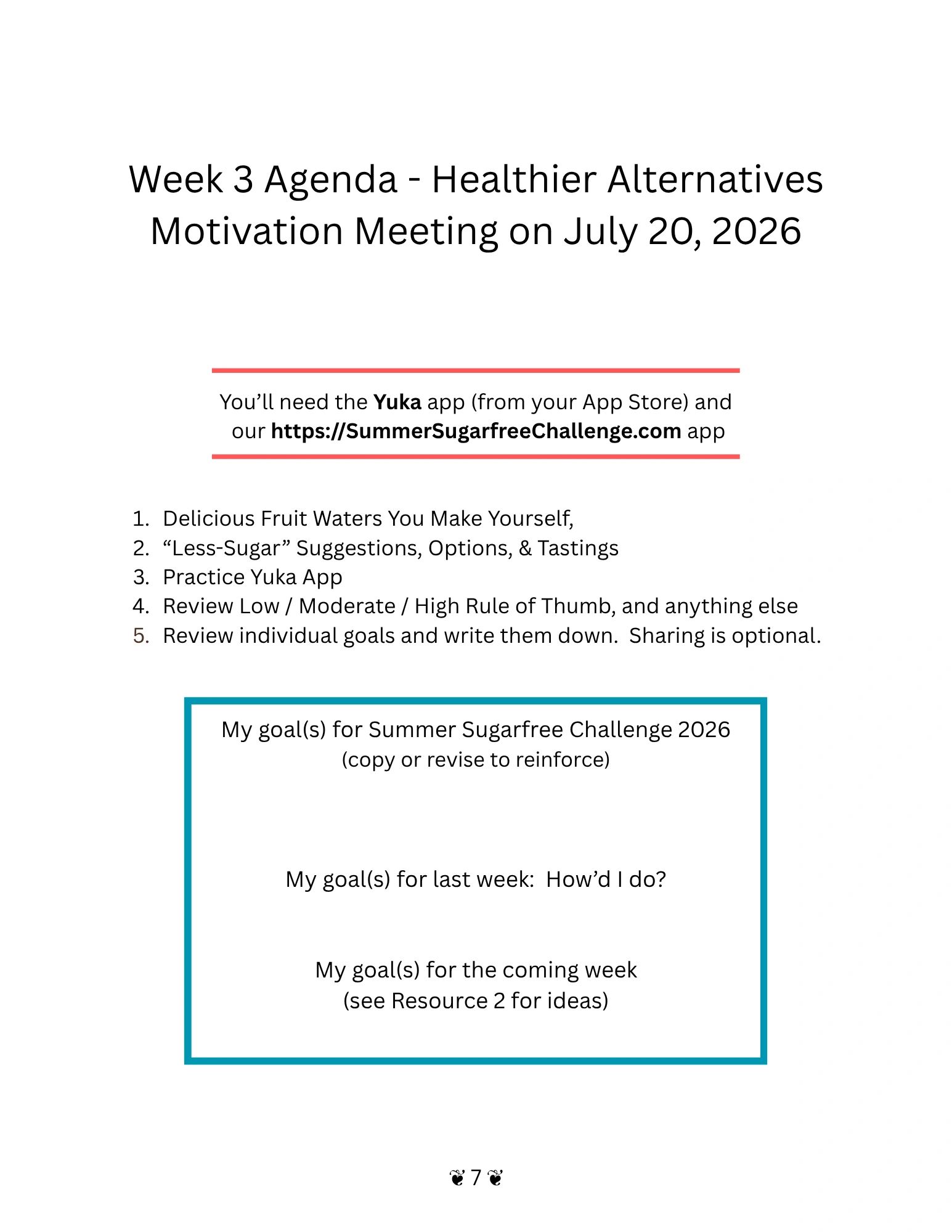 Agenda for Week 3 of the Summer Sugarfree Challenge 2026 focused on healthier alternatives.