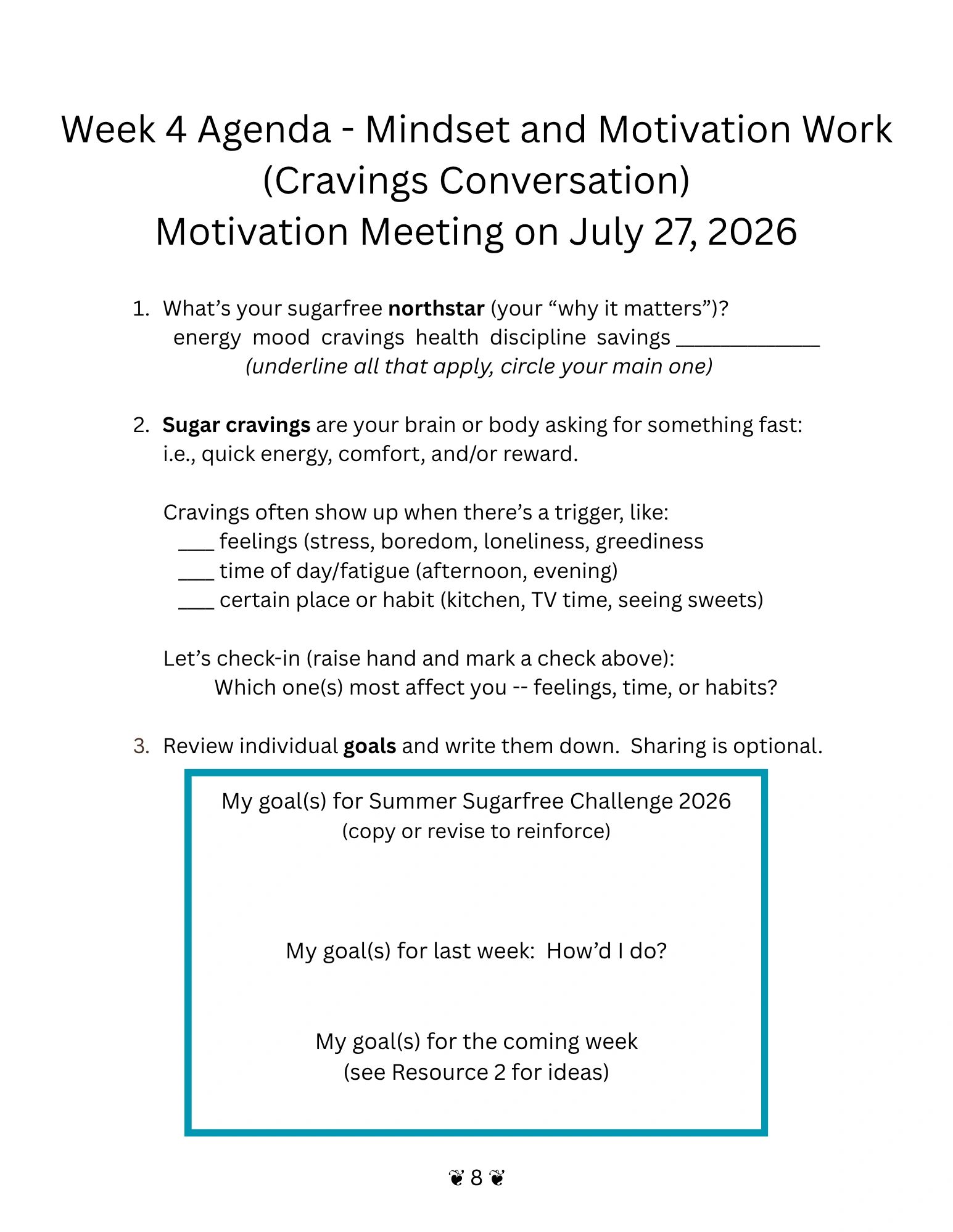 Agenda for Week 4 motivation meeting on sugar cravings and goal setting.