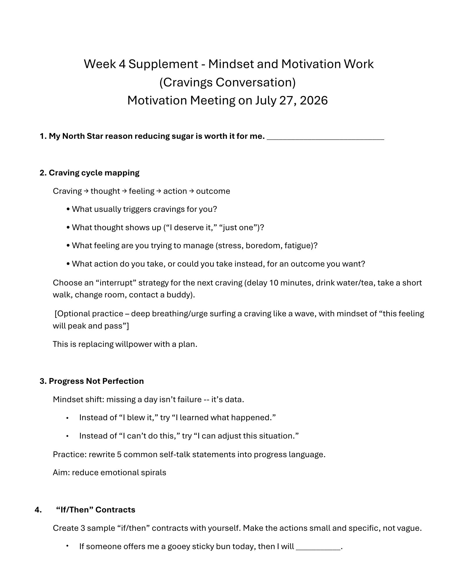 Motivation worksheet on reducing sugar cravings with mindset strategies and goal setting.