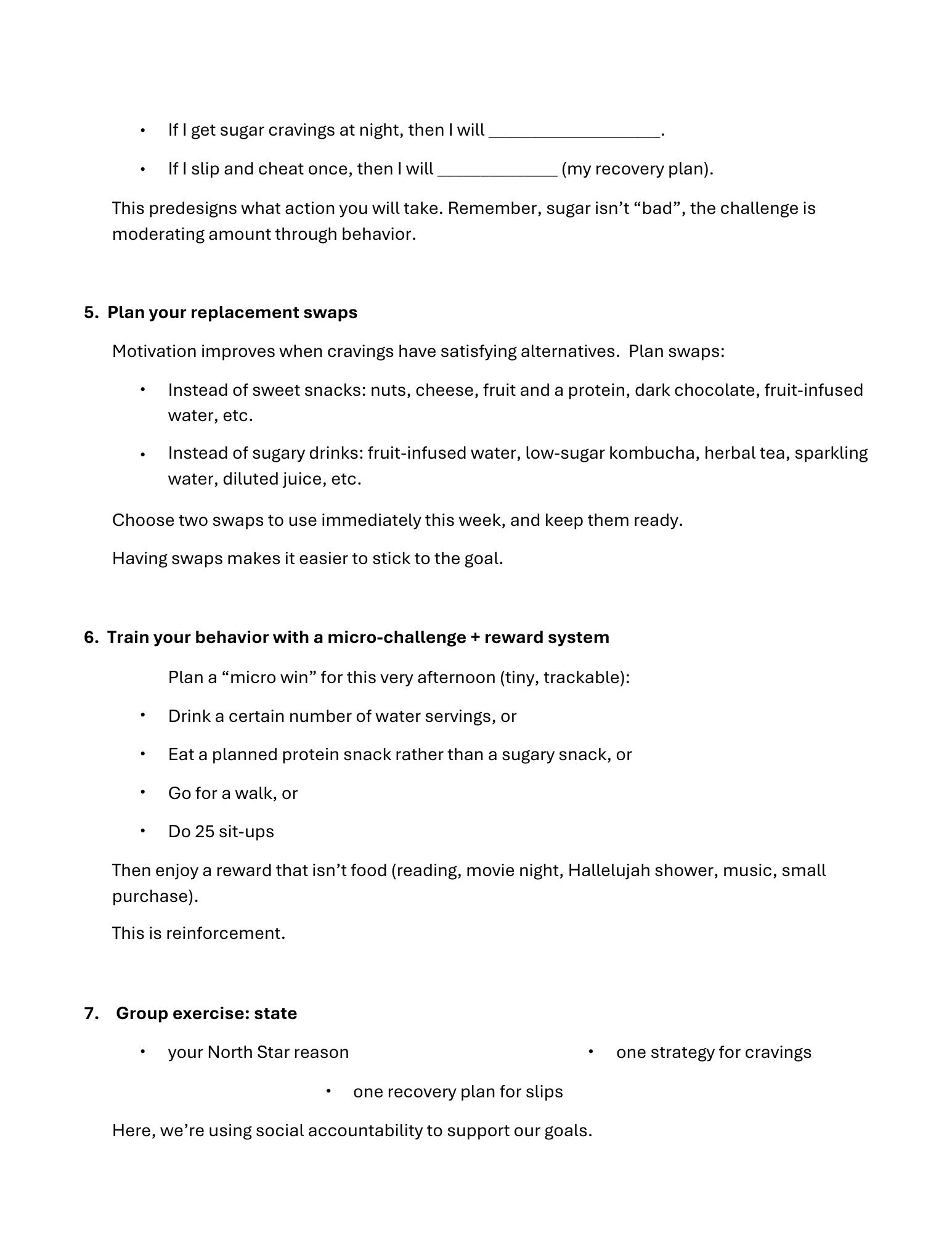 Motivational strategies for managing sugar cravings with replacement swaps, micro-challenges, and group exercises.