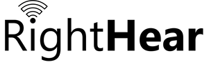 RightHear logo in bold black text with a Wifi symbol above the letter i.