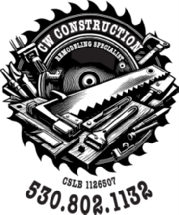 Logo of CW Construction with tools and a saw blade.