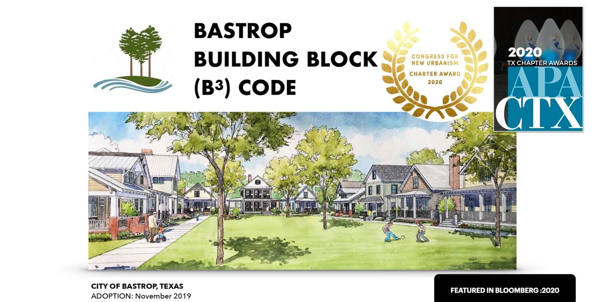 Illustration of Bastrop Building Block Code community with awards and adoption date.