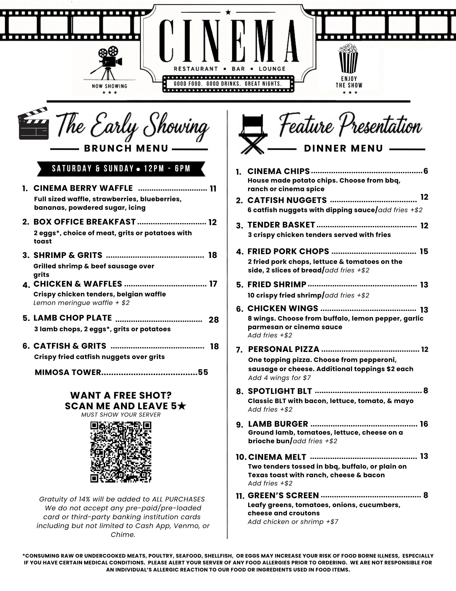 Cinema restaurant brunch and dinner menu with various dishes and pricing.