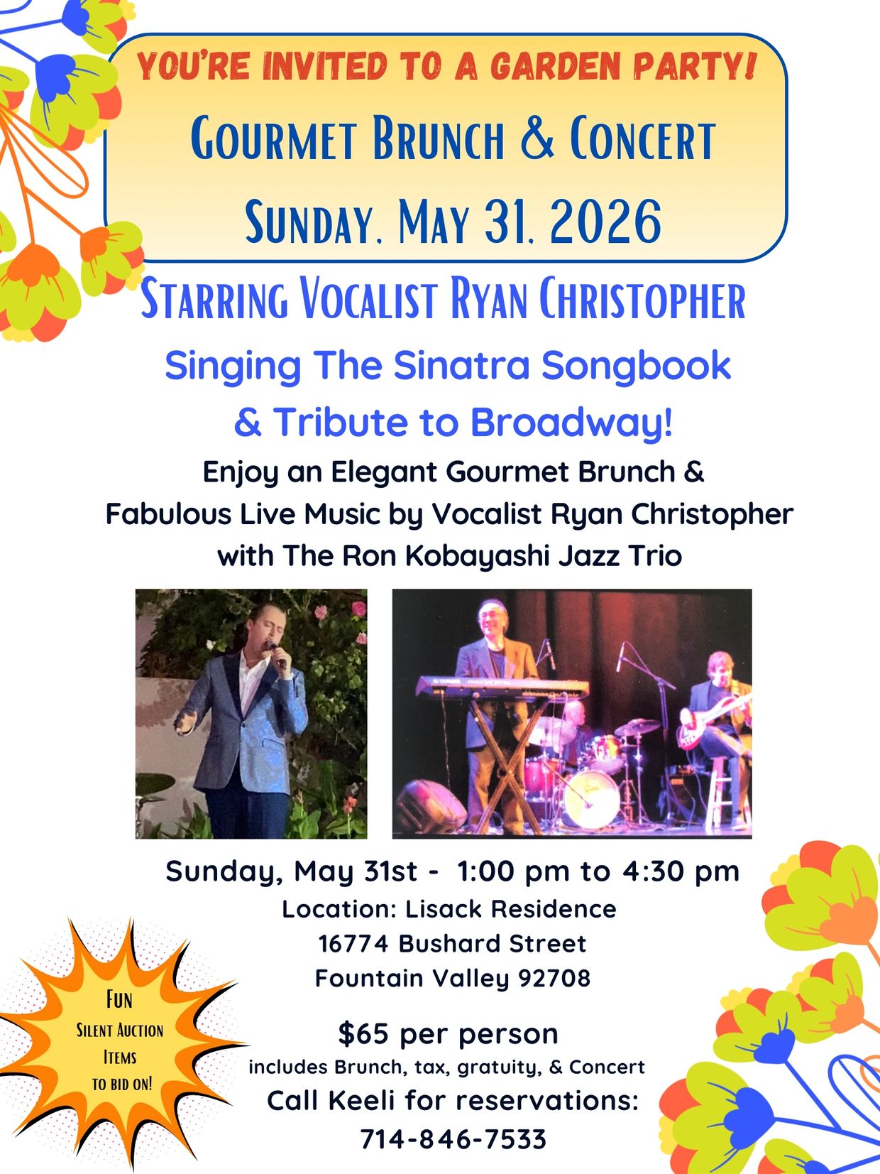 Invitation to a garden party with gourmet brunch and live jazz music by Ryan Christopher and the Ron Kobayashi Jazz Trio.