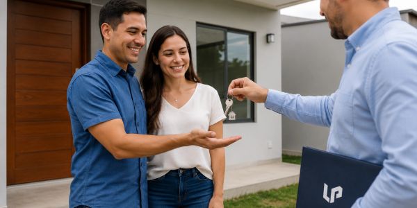 Happy couple receiving house keys from real estate agent outside their new home.
