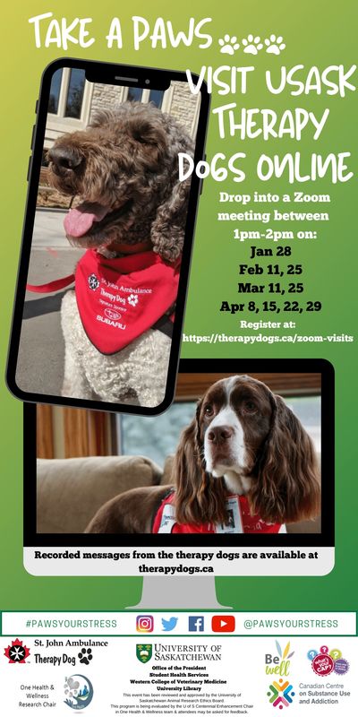 Here are the take a pws visit usask therapy dogs online drop into a zoom meeting between 1om 2pm on 