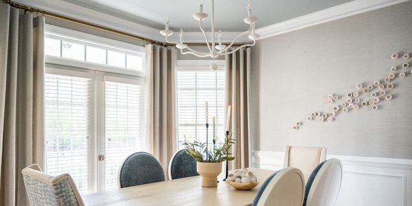 Dining room furniture, window treatments and wallpaper, interior design, space planning, Richmond, V