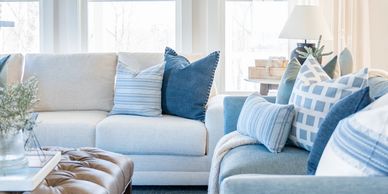 Family Room design with custom pillows
