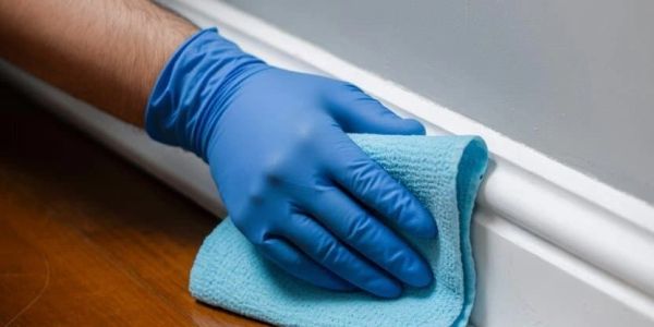 Hand in a blue glove wiping a baseboard with a cloth.