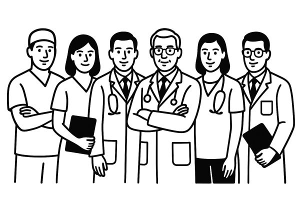 Black and white illustration of six medical professionals standing together.
