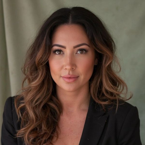 Confident woman with wavy brown hair wearing a black blazer.