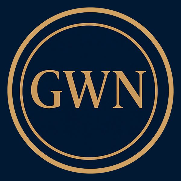 Elegant gold GWN logo inside double circles on dark blue background.