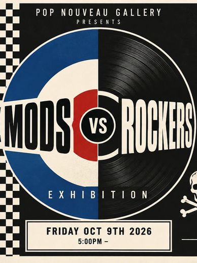 Poster for Mods vs Rockers exhibition on Oct 9, 2026.