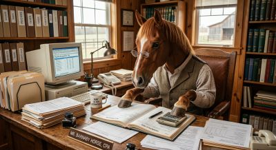 Horse-headed accountant working at a desk.