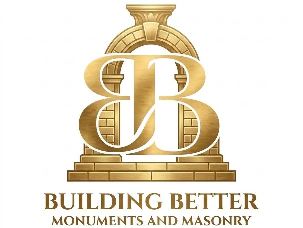 Golden logo of Building Better Monuments and Masonry with pillars and bricks.