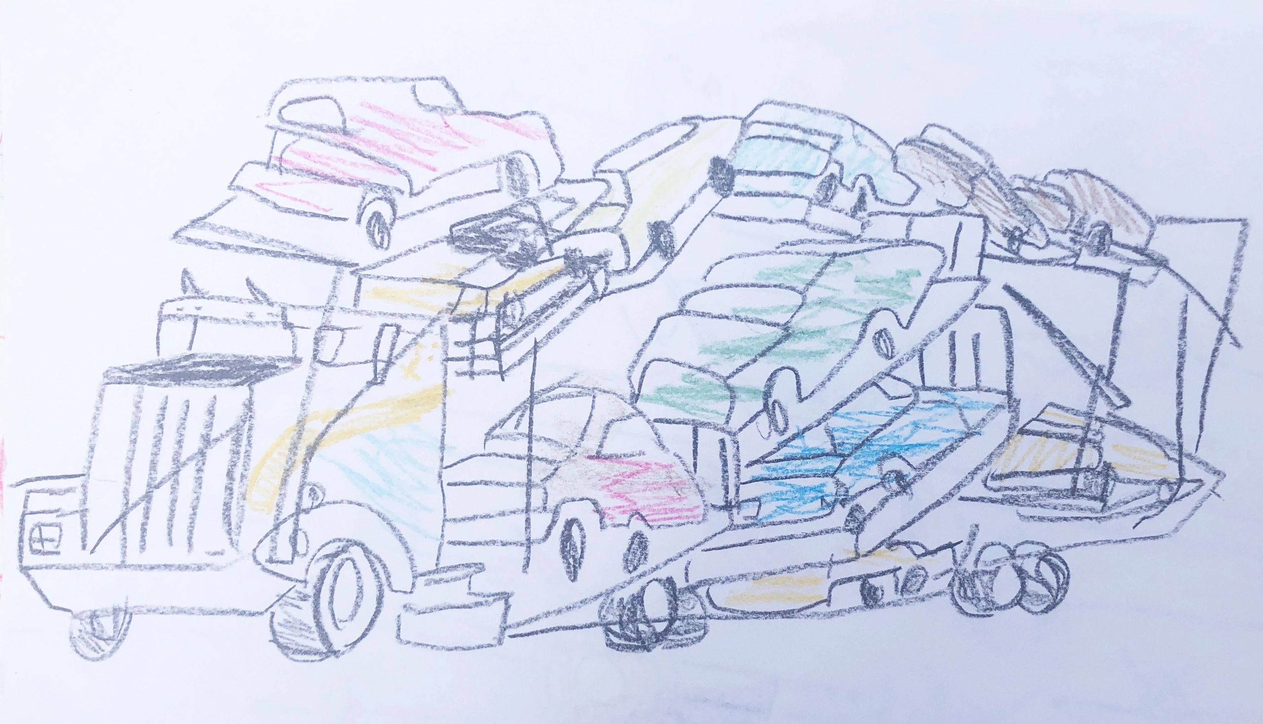 Car carrier. Crayon on copier paper. Age 5