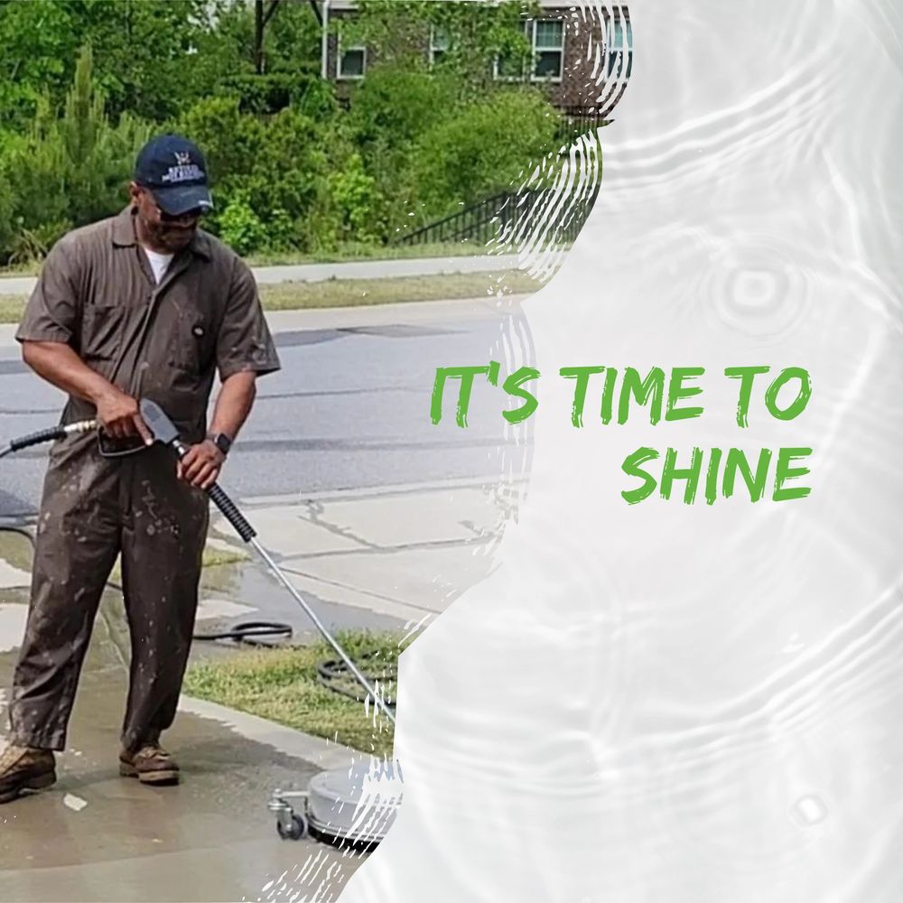 Cover photo of owner power washing driveway of client with a caption "it's time to shine" 