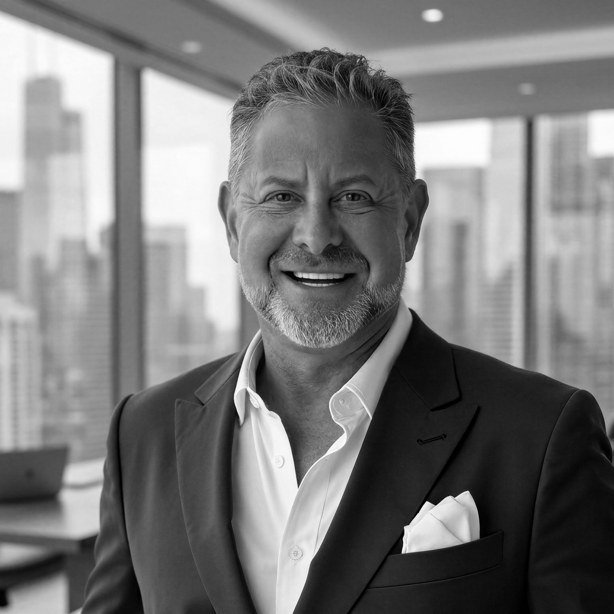 Smiling middle-aged man in a suit with a pocket square in a modern office.