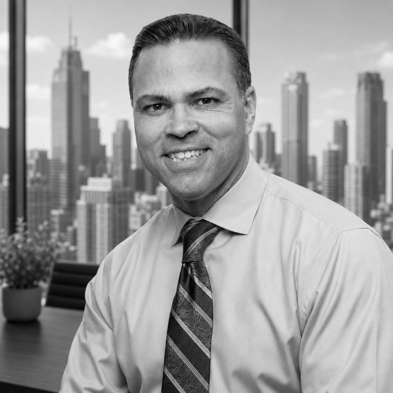 Smiling businessman in an office with a city skyline background.
