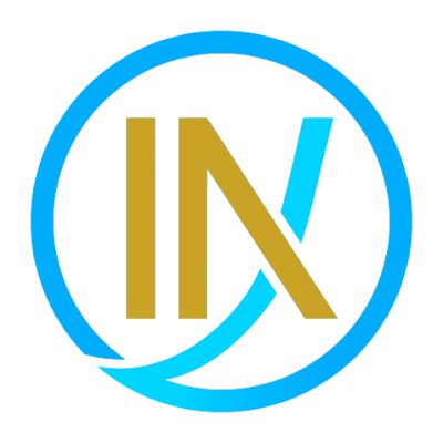 Logo with golden letters 'IN' and a blue arc inside a blue circle.