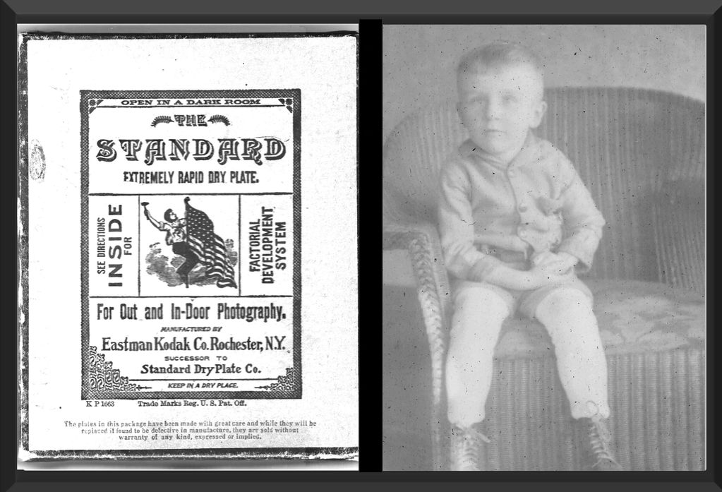 Vintage Kodak dry plate packaging and a faded photo of a young boy sitting on a wicker chair.