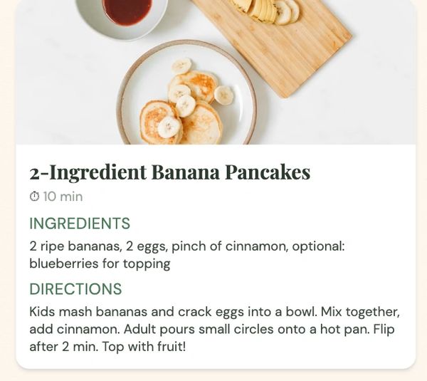 Simple 2-ingredient banana pancakes with optional cinnamon and fruit toppings.