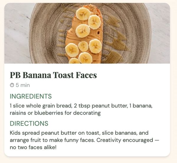 Peanut butter toast topped with banana slices arranged to create fun faces.