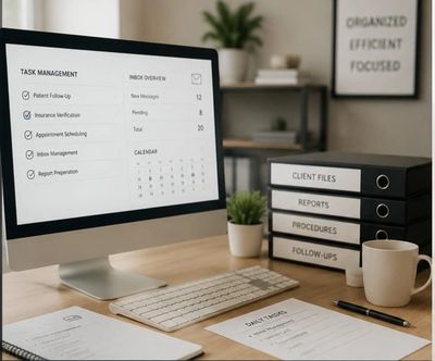 Organized workspace with task management on screen and labeled files.
