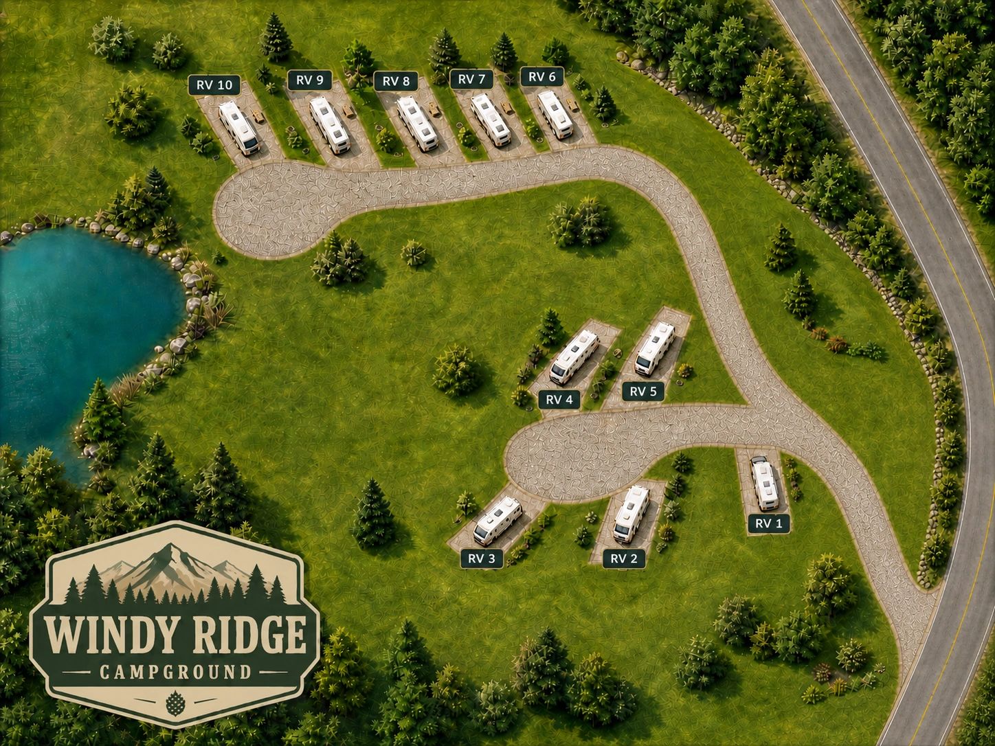 A scenic aerial view of Windy Ridge Campground with labeled RV spots and a nearby pond.
