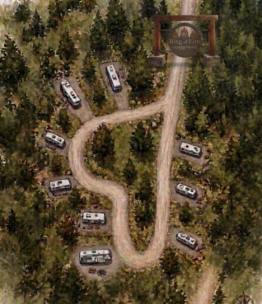 Aerial view of Ring of Fire campground with RVs and forest surroundings.