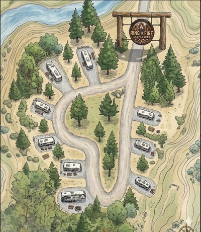 Illustrated map of Ring of Fire campground with RV spots and trees.