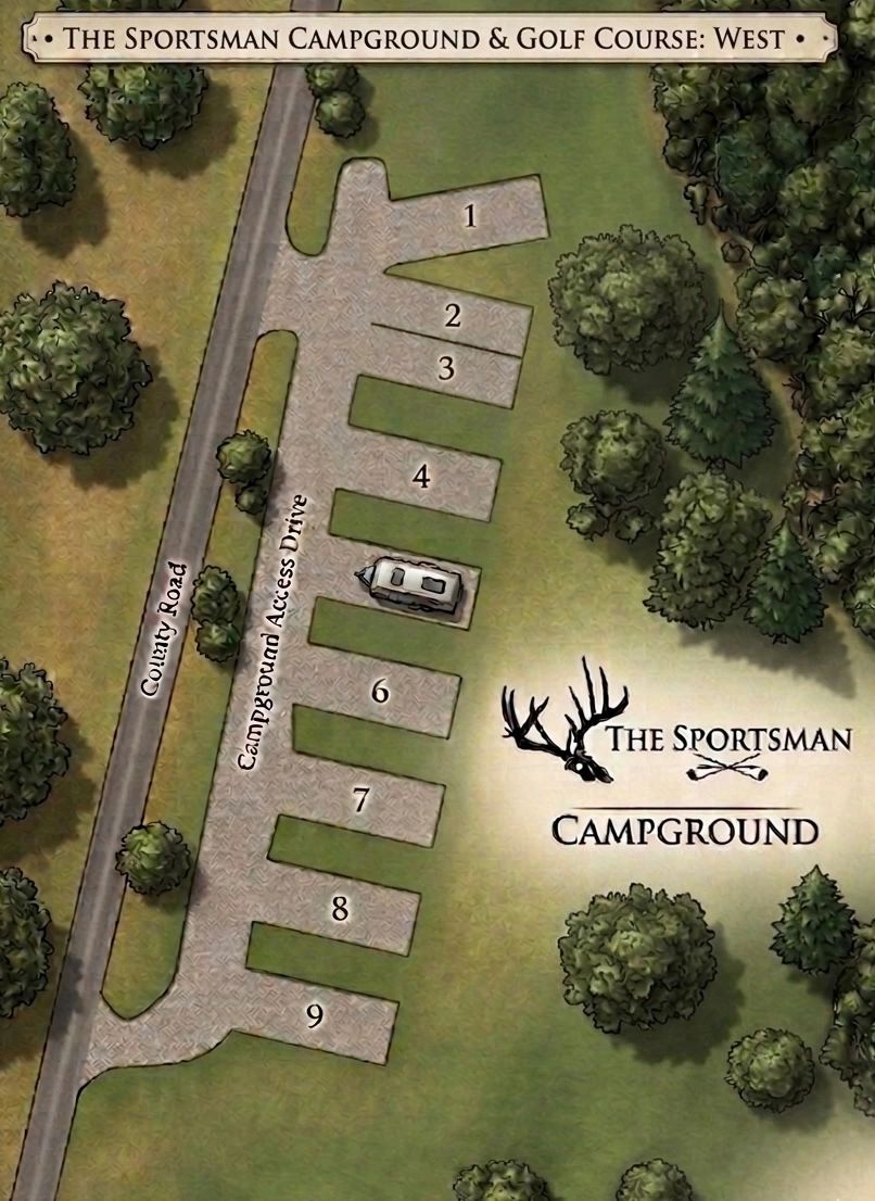 Map of The Sportsman Campground &amp; Golf Course: West with numbered campsites and tree surroundings.