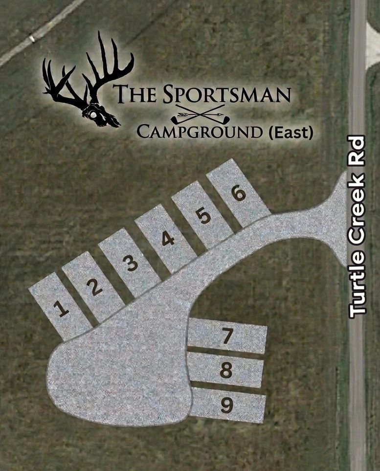 Map of The Sportsman Campground East with nine numbered campsites.