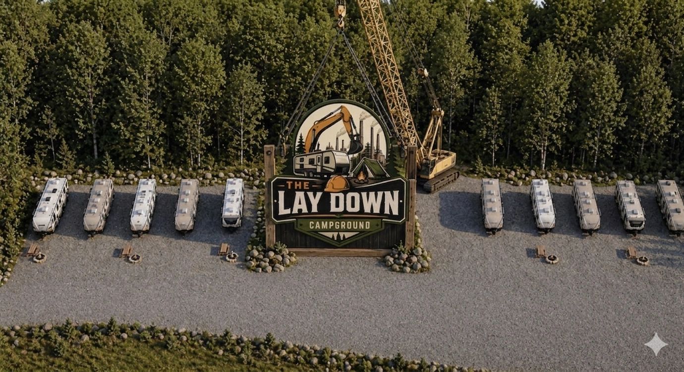 A crane lifting a sign for The Lay Down Campground with RVs parked on either side.