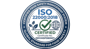 ISO 22000:2018 certified logo with quality, safety, and trust icons.