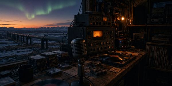 Vintage radio setup with northern lights outside.