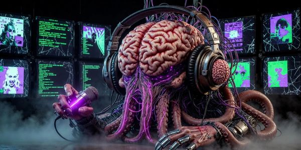 A cybernetic brain creature with headphones and a microphone amid screens and fog.
