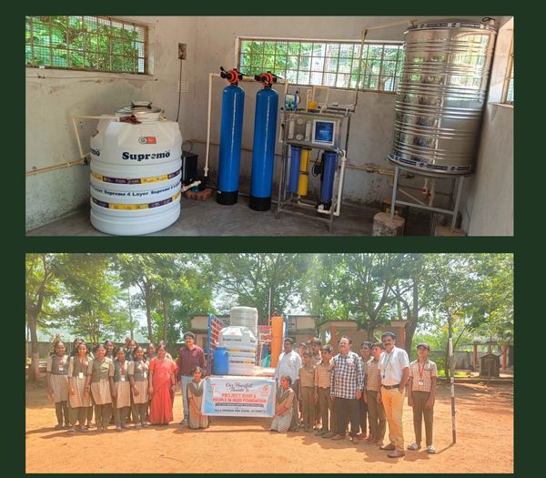 Water purification system installation and group photo with participants.