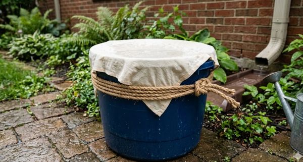 Blue bucket covered with cloth and rope in a garden.