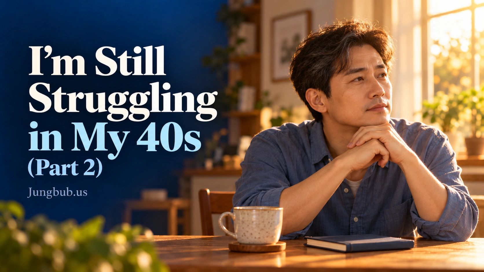 Man reflecting with text about struggling in his 40s.