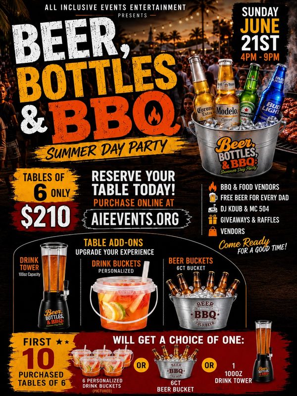 Summer day party with beer, bottles, BBQ, and fun activities on June 21st.