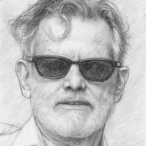 Pencil sketch of a man wearing sunglasses.